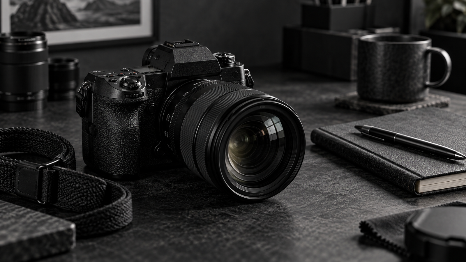 Cámara profesional preparada para una sesión fotográfica en el atelier