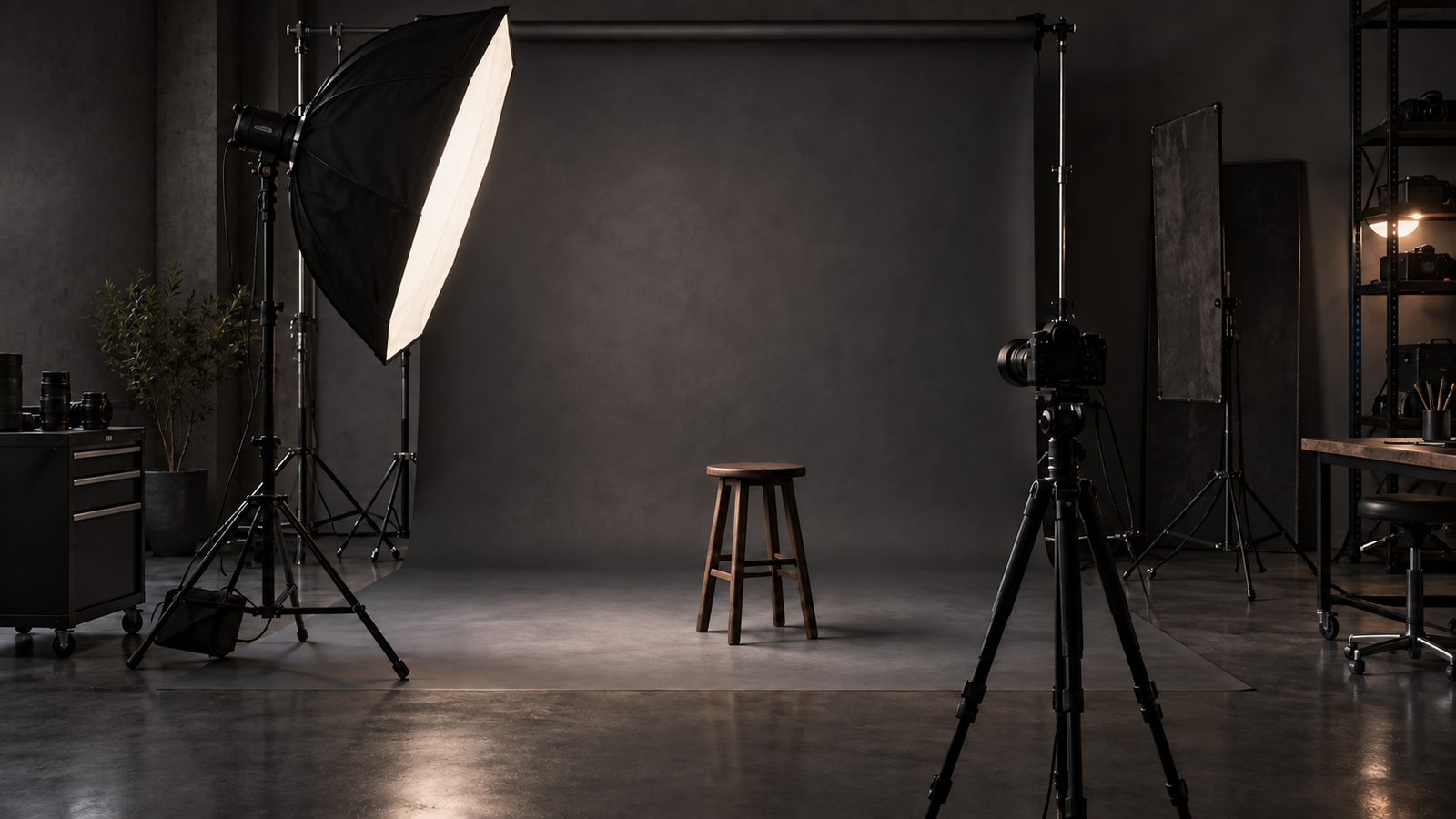 Estudio fotográfico profesional preparado para una sesión de retrato en Arequipa